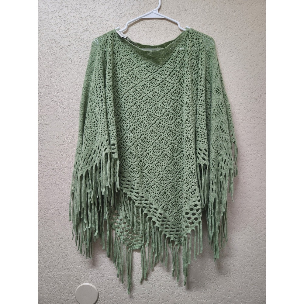 JC Sunny Boho Women Green Open Knit Fringe Poncho Asymmetric Sweater Wrap OS Cap